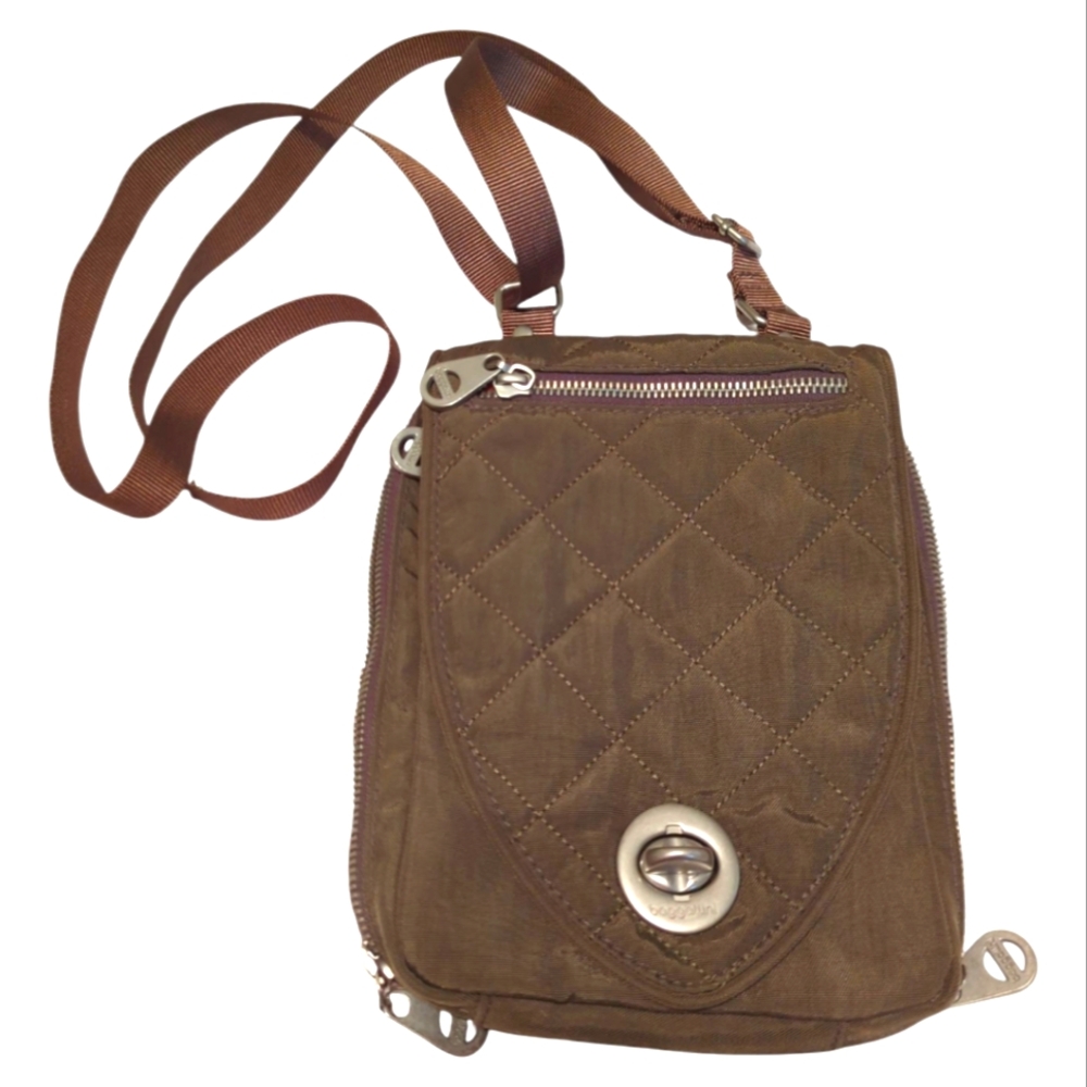 Baggalini Crossbody Mini Quilted Handbag - Taupe Brown With Orange Lining.